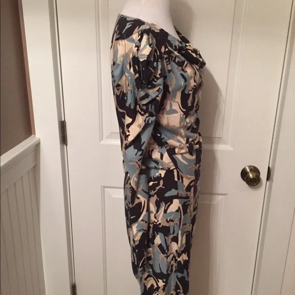 ALICE BY TEMPERLEY DRESS SHEATH BLUE CREAM ABSTRACT RUCHED Size 6